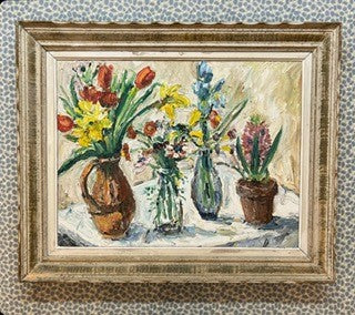 A 20th century oil painting of three vases with spring blossoms and a pot with hyacinths by Karl-Heinz Kreß (1928-1979