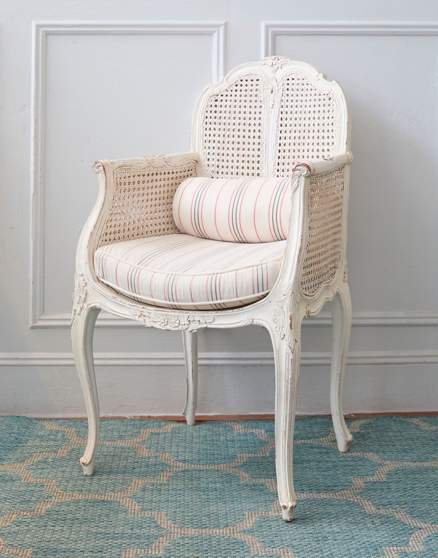 A Pair of French Louis XV Armchairs Painted White Frame and Woven Cane Sides and Back