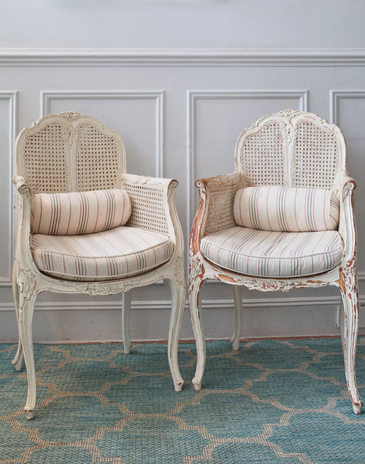 A Pair of French Louis XV Armchairs Painted White Frame and Woven Cane Sides and Back