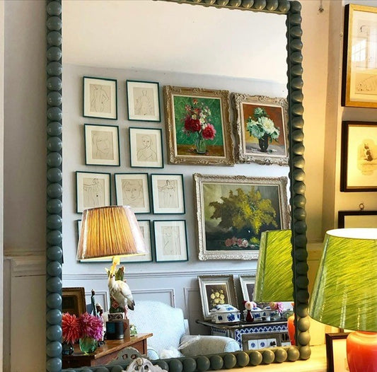 A Large Bobble Framed Mirror Hand-Painted in Farrow & Ball De Nimes