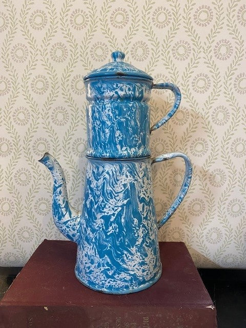 A Vintage Decorative French Enamel Blue and White Coffee Pot