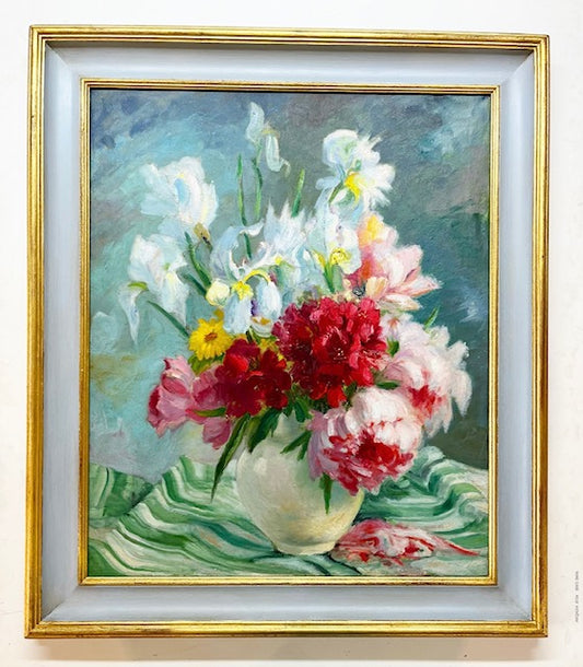 A Belgian Flower Still Life of Peonies and White Lillies by Eugene Defauchoux