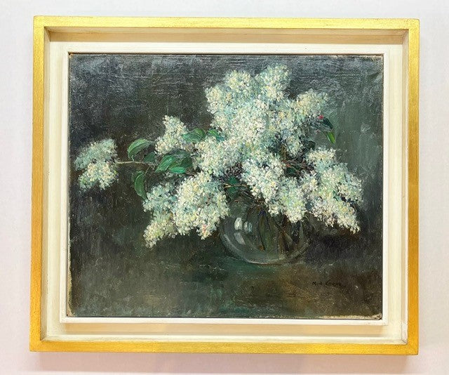 A 19th Century Still Life Painting of White Lilacs in a Glass Vase