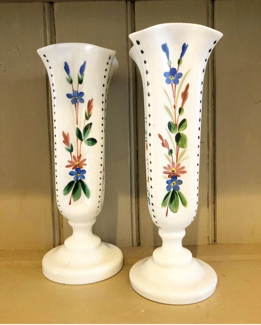 A Pair of Antique Opaque Glass Vases with Hand-Painted Flower Decoration