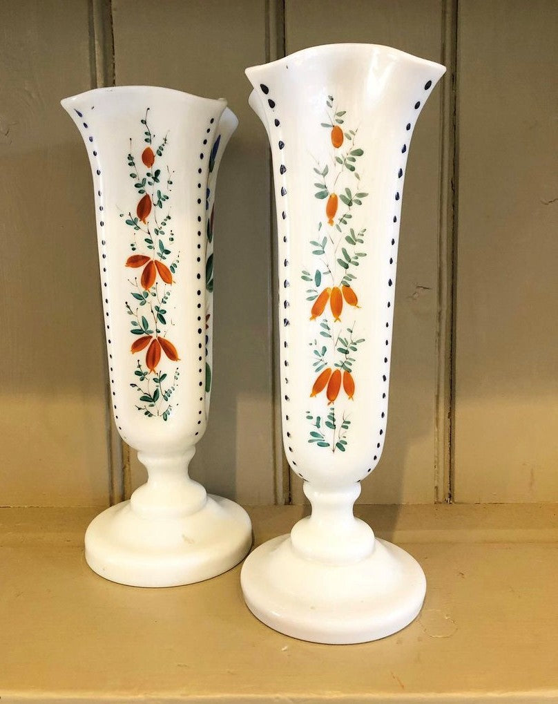 A Pair of Antique Opaque Glass Vases with Hand-Painted Flower Decoration