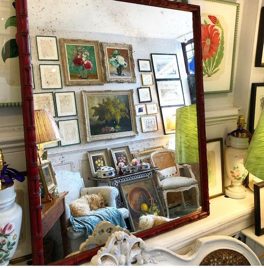 A Hand-Painted Red Bamboo Mirror