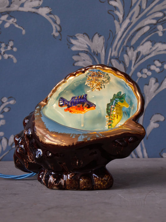 A 1960s Vallauris Brown Glazed Conch Shell Lamp with Underwater Scene