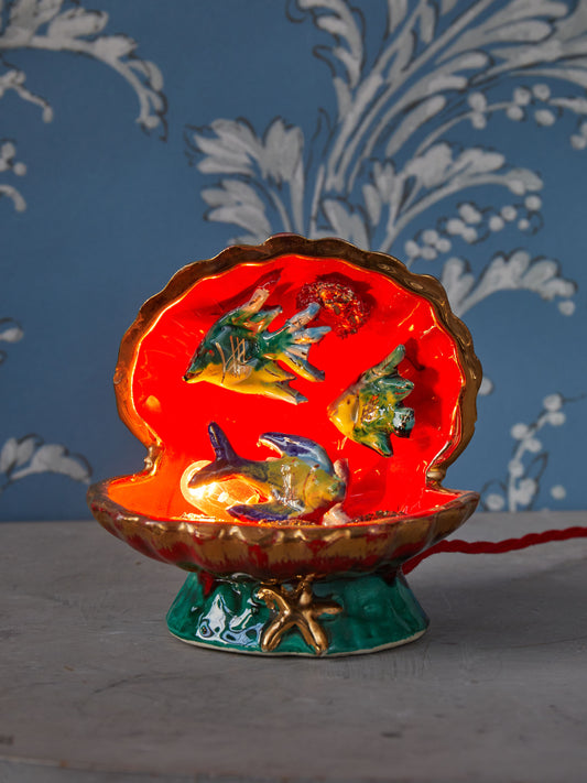 A 1960s Vallauris Glazed Red Shell Lamp with Underwater Scene